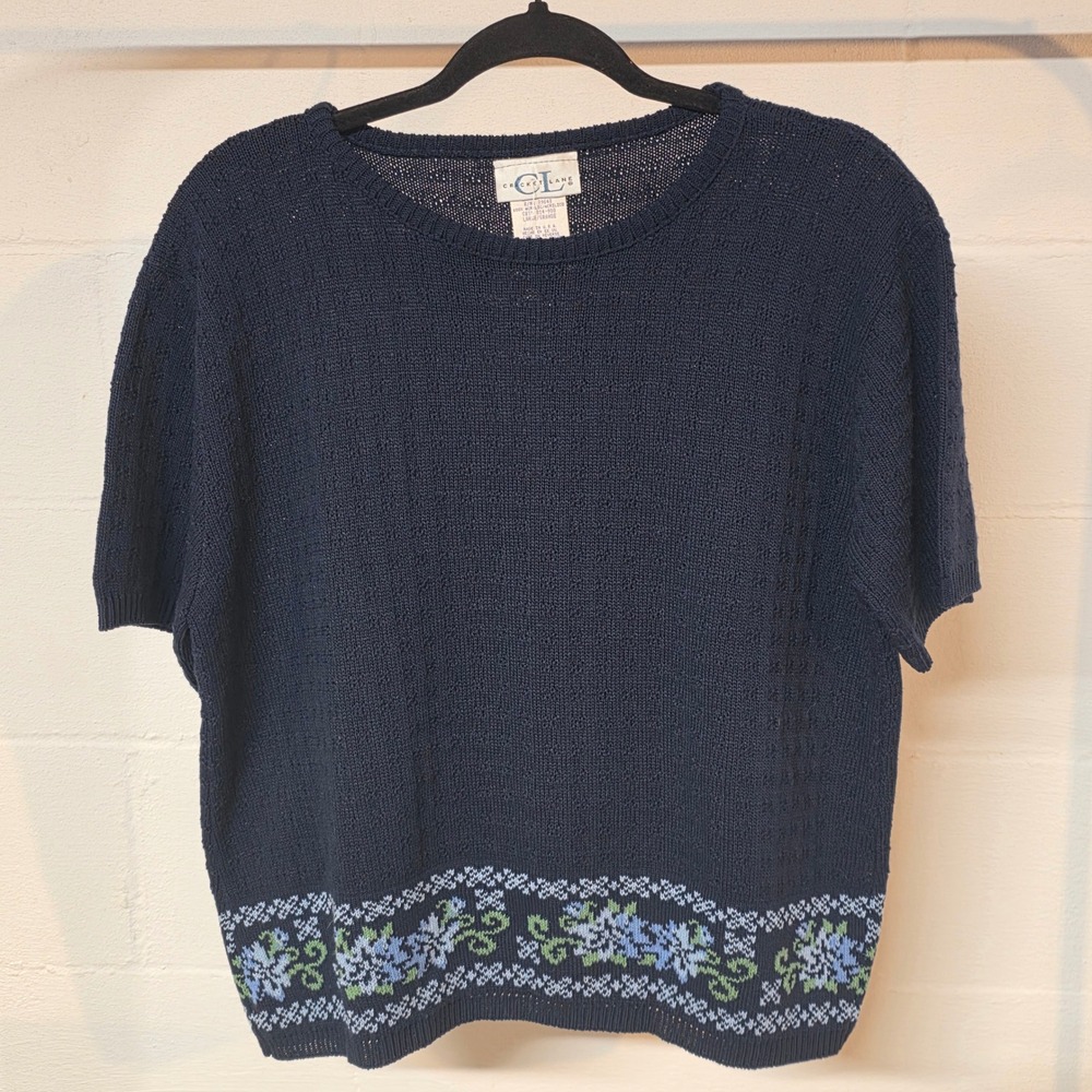 NWT Vintage CRICKET LANE‎ Navy Blue Floral Border Knit Short Sleeve Top Women L